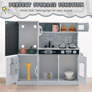 Elite Montessori Wooden Play Kitchen Set for Kids – Modern White Design with Interactive Ice Maker, Chalkboard, Vintage Telephone & 3-Piece Cookware – Premium Educational Gift
