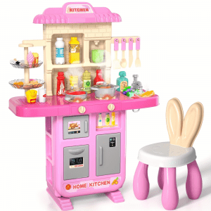 Premium Interactive Kids Play Kitchen Set with Rabbit Chair – Real Steam, Lights & 70+ Accessories
