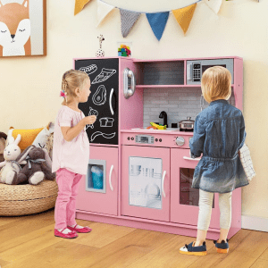 Grand Royal Pink Wooden Play Kitchen – Deluxe Blush Edition with Working Ice Maker, Blackboard, Microwave & 3-Piece Stainless Cookware – The Ultimate Dream Gift for Girls