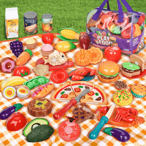 Ultimate 78-Piece Kids Play Food & Kitchen Accessories Set – Realistic Fruits, Vegetables, Dinnerware & Storage Bag – Educational Toddler Gift for Boys & Girls Ages 3+