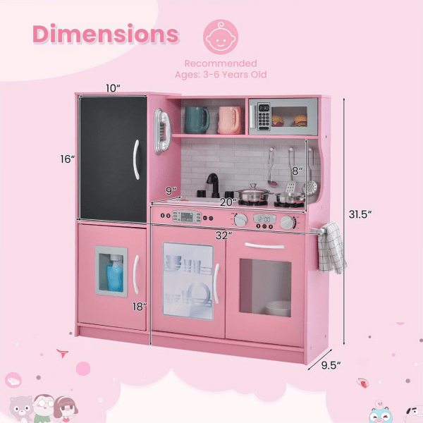 Grand Royal Pink Wooden Play Kitchen – Deluxe Blush Edition with Working Ice Maker, Blackboard, Microwave & 3-Piece Stainless Cookware – The Ultimate Dream Gift for Girls