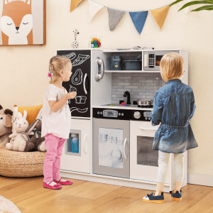 Elite Montessori Wooden Play Kitchen Set for Kids – Modern White Design with Interactive Ice Maker, Chalkboard, Vintage Telephone & 3-Piece Cookware – Premium Educational Gift