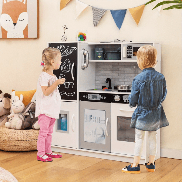 Elite Montessori Wooden Play Kitchen Set for Kids – Modern White Design with Interactive Ice Maker, Chalkboard, Vintage Telephone & 3-Piece Cookware – Premium Educational Gift