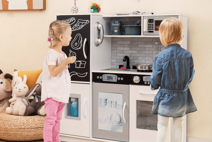Elite Montessori Wooden Play Kitchen Set for Kids – Modern White Design with Interactive Ice Maker, Chalkboard, Vintage Telephone & 3-Piece Cookware – Premium Educational Gift
