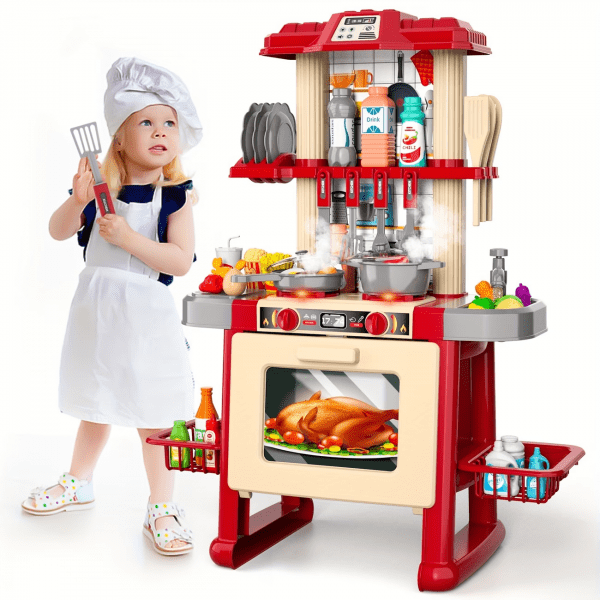 Little Chef’s Deluxe Red & Beige Play Kitchen Set – Interactive Running Water Sink, Realistic Oven & 30+ Accessories for Boys & Girls Ages 3-7