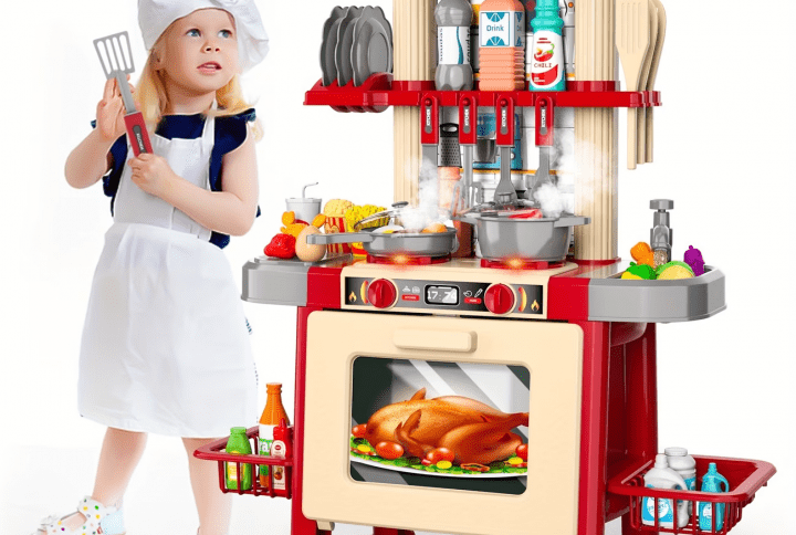 Little Chef’s Deluxe Red & Beige Play Kitchen Set – Interactive Running Water Sink, Realistic Oven & 30+ Accessories for Boys & Girls Ages 3-7