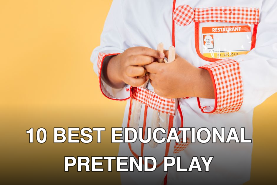Crop anonymous ethnic kid with supplies for kitchen wearing chef jacket in studio against yellow background