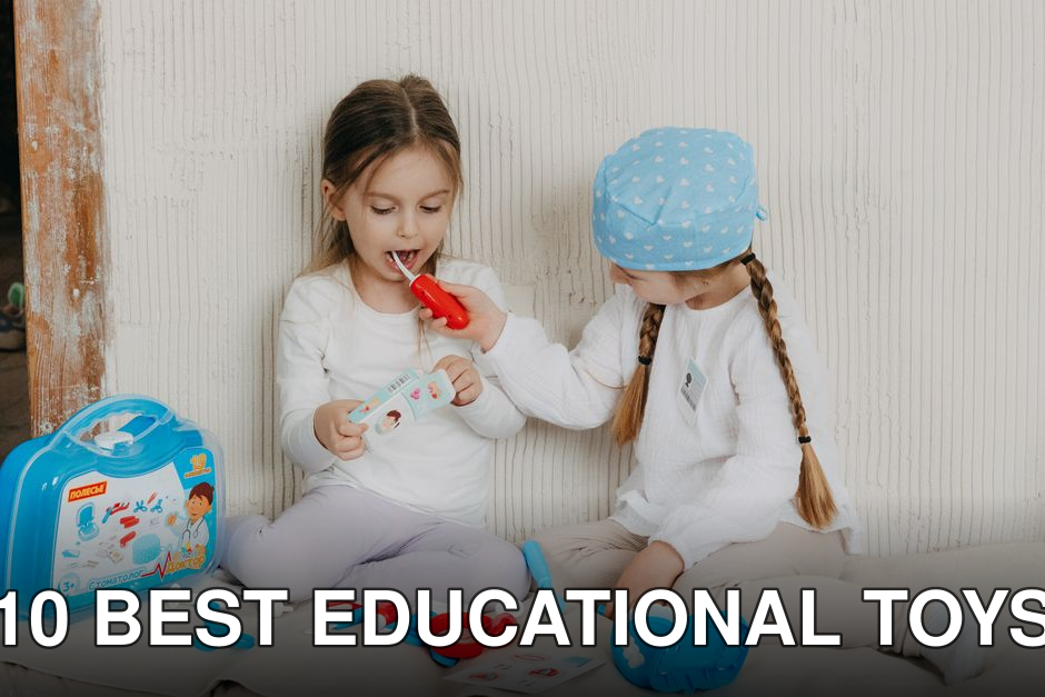 Two children playing dentist at home with a toy set, learning and having fun.
