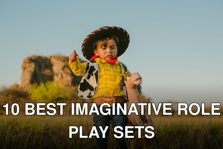 Adorable child in cowboy costume with toy horse in a grassy field, showing playful creativity.