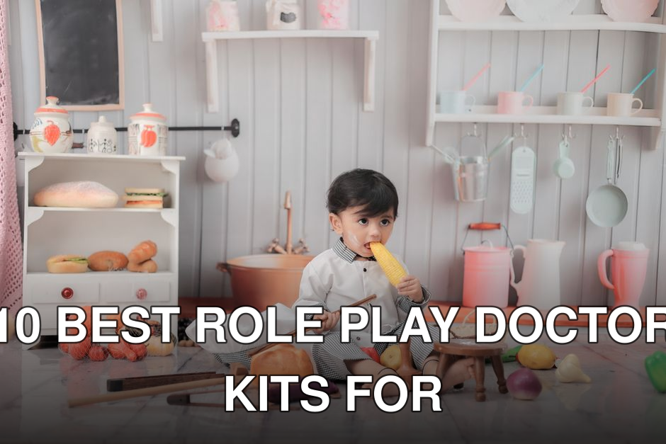 Cute child in chef outfit playing with toy food in a play kitchen environment.