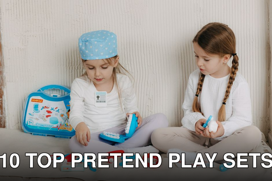 Two young girls role-playing as dentists with a toy dental kit indoors.