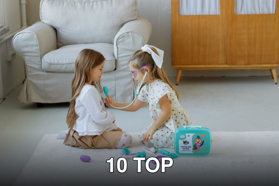 Two young girls play doctor with a toy medical kit in a cozy living room setting.