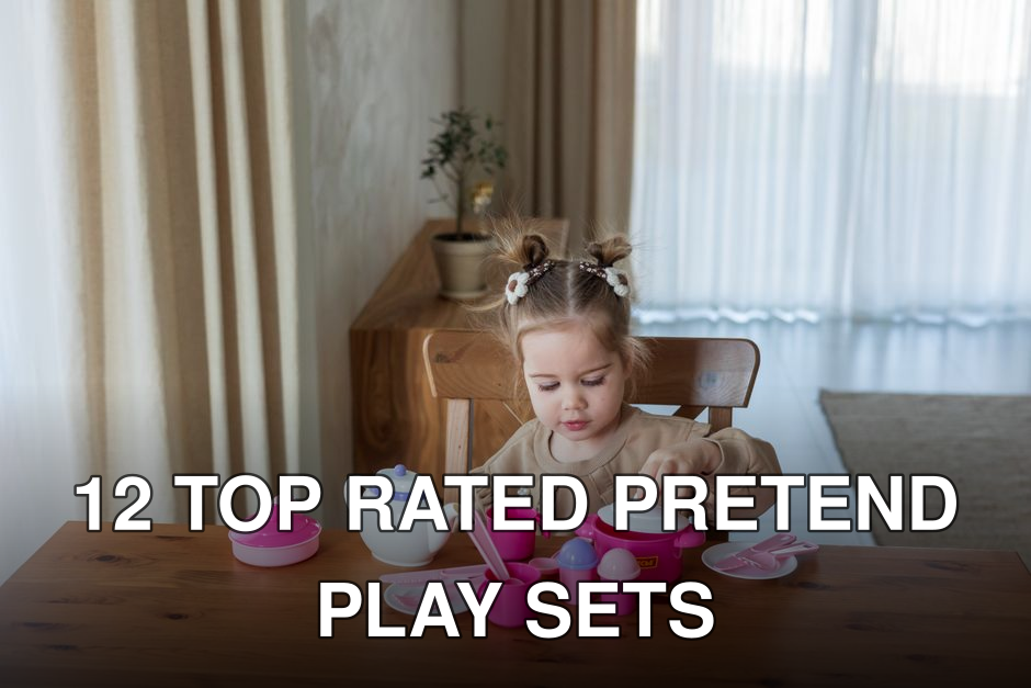 Young child playing a pretend tea party indoors with pink tableware.
