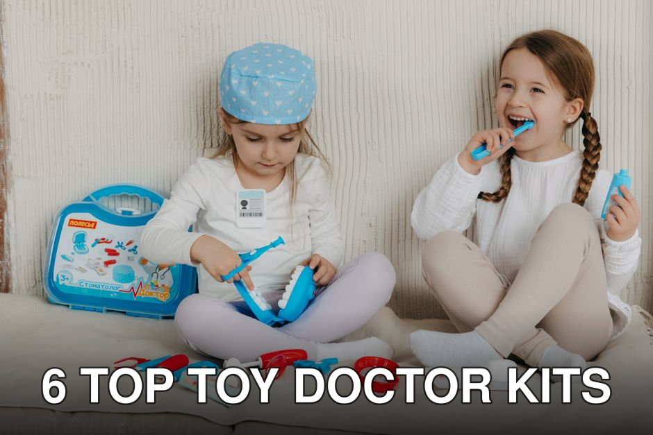 Two young girls having fun playing dentist with a toy kit indoors, enjoying imaginative play.