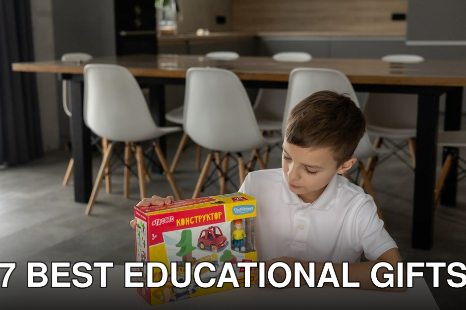 Young boy holding a construction toy set in a stylish indoor setting with modern furniture.