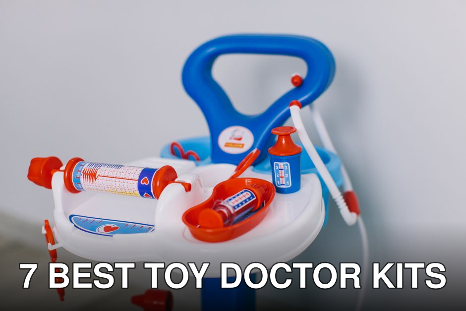 Bright toy medical set with syringes and bottles on white tray for kids' role play.
