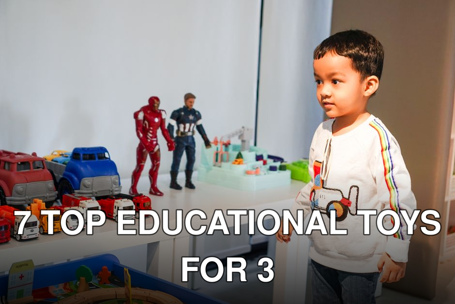 Young boy playing with toy cars and action figures at home.