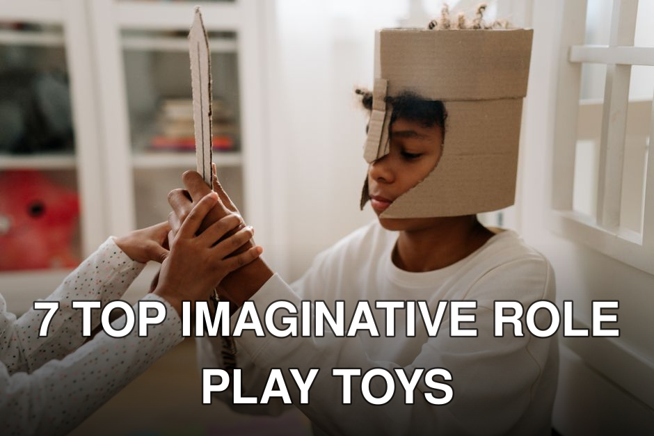 A young child dressed in a cardboard helmet engages in imaginative play with a handmade sword indoors.