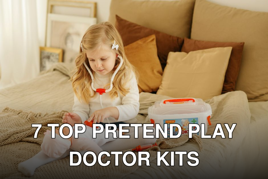 A young girl plays doctor with her toy doll in a cozy bedroom setting.