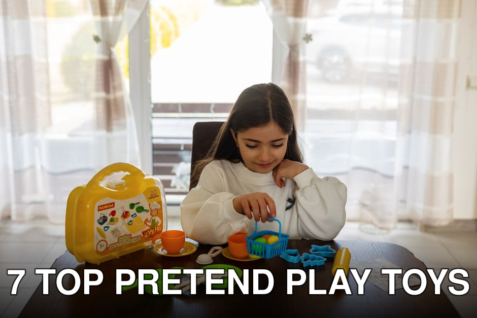 A young girl engaged with a colorful toy kitchen set indoors, perfect for imaginative play.