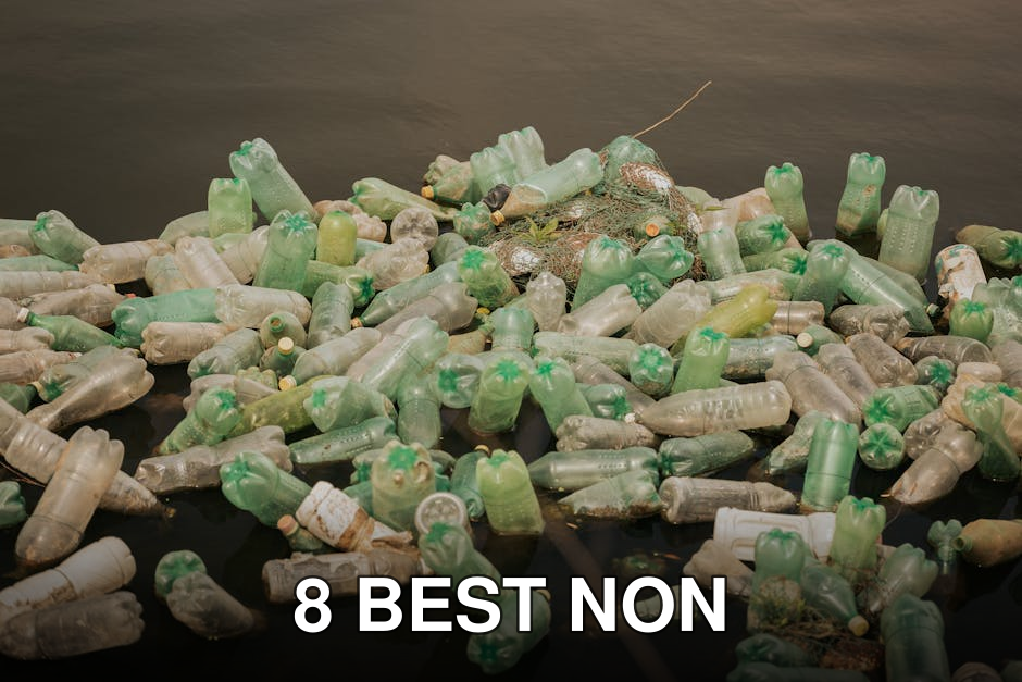 A collection of plastic bottles polluting a body of water, highlighting environmental issues.