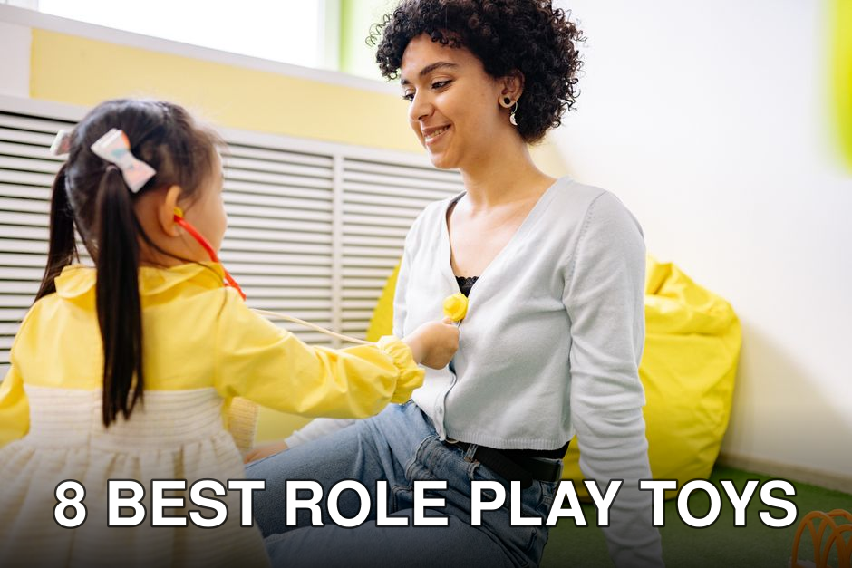 A child plays doctor with a stethoscope and a smiling adult indoors.