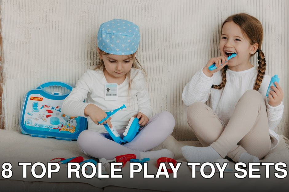 Two young girls having fun playing dentist with a toy kit indoors, enjoying imaginative play.