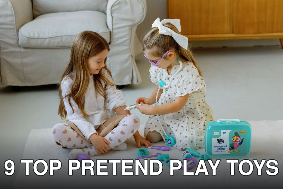 Two young girls engaged in a doctor role-play game indoors with toy medical kit.