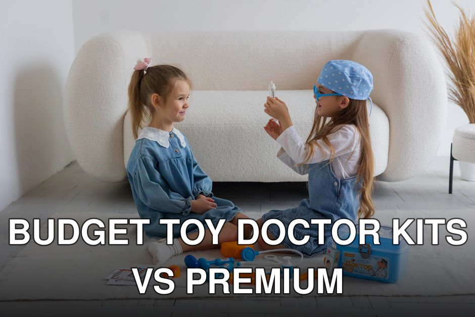 Two young girls playing doctor indoors with a toy medical kit. Creative pretend play activity.