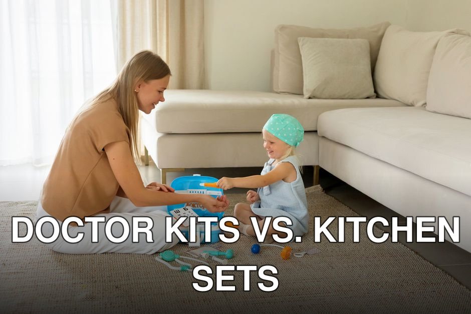 A mother and daughter engage with a toy doctor kit on the living room floor, fostering creativity and learning.