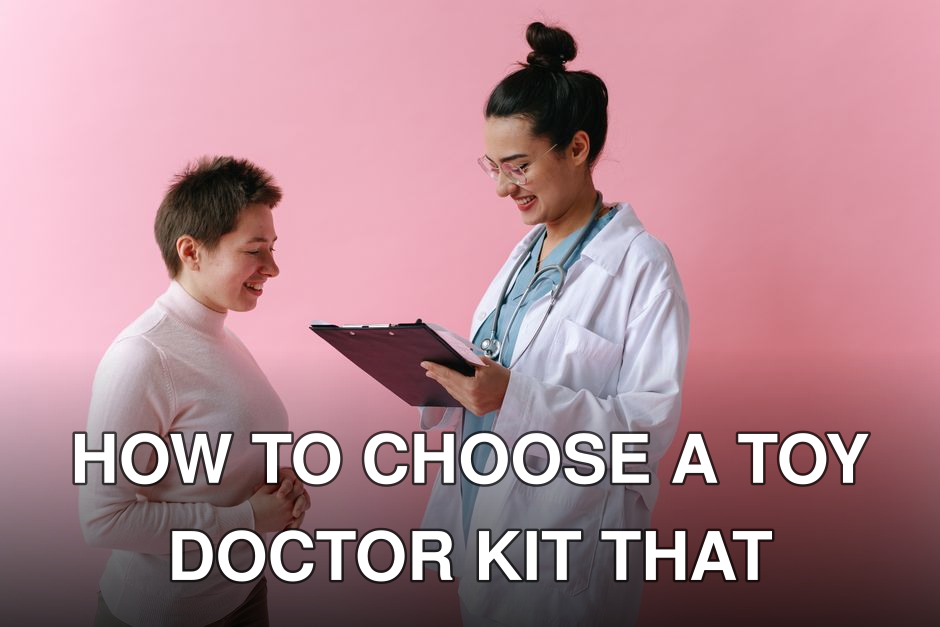 A doctor in a white coat consults a smiling patient against a pink backdrop.