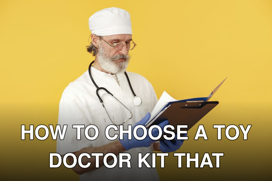 A bearded male doctor with stethoscope reviews medical documents on a yellow background.