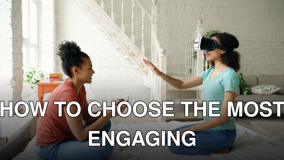 Two women enjoying virtual reality at home with a headset and smartphone.