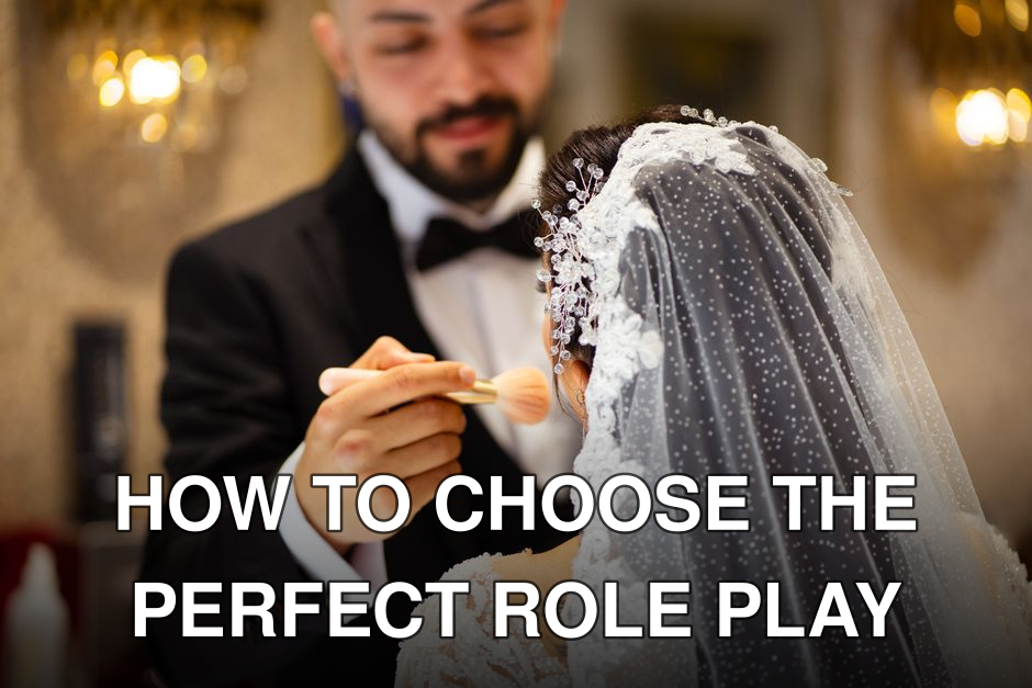 A bride receives makeup touch-up by groom before her wedding ceremony.