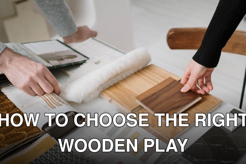 Hands selecting and comparing textile and wood samples for interior design.