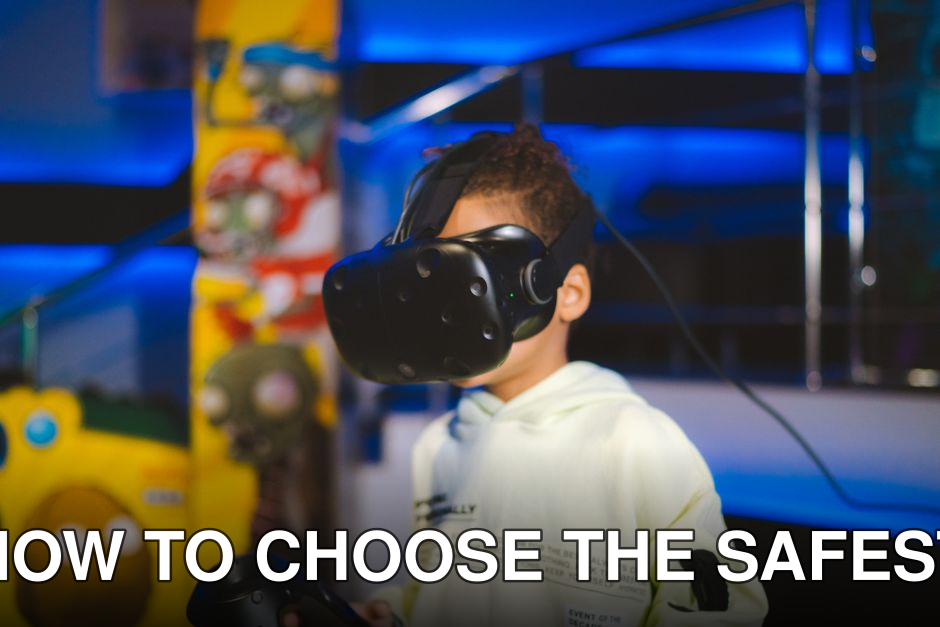 A young child playing with virtual reality goggles indoors, immersed in a gaming experience.