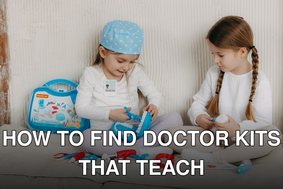 Two girls playing dentist with a toy kit indoors, showing creativity and fun.