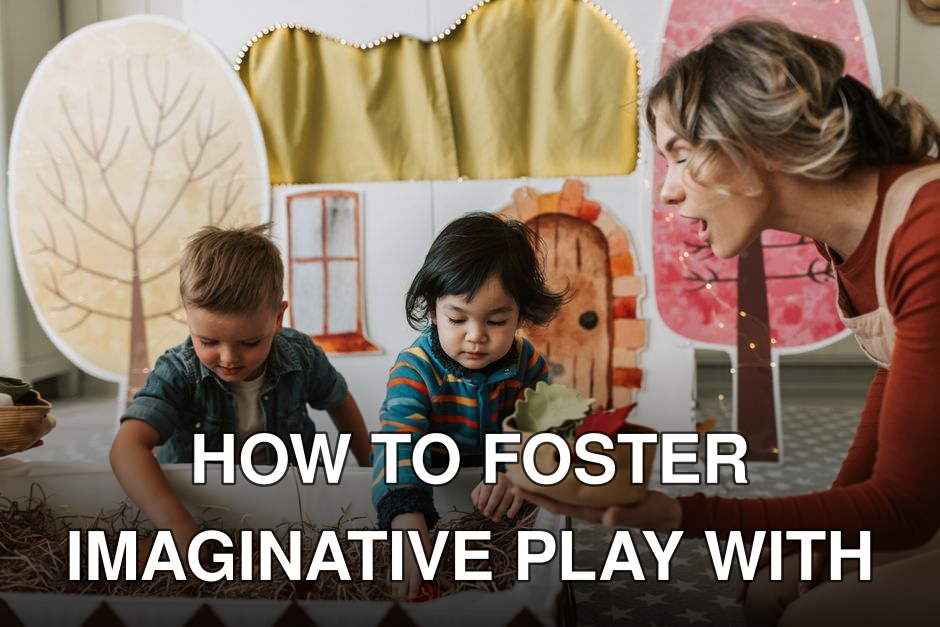 Kids and adult enjoying creative play indoors with crafts and imagination.