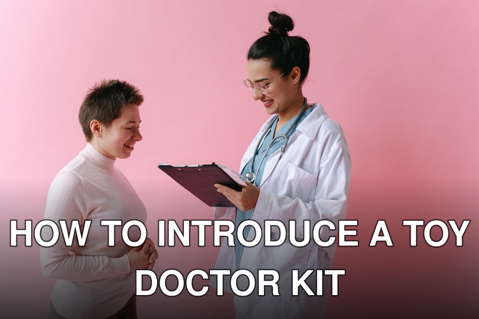 A doctor in a white coat consults a smiling patient against a pink backdrop.
