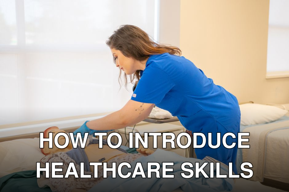 A nurse in blue scrubs trains on a medical dummy in a healthcare facility.