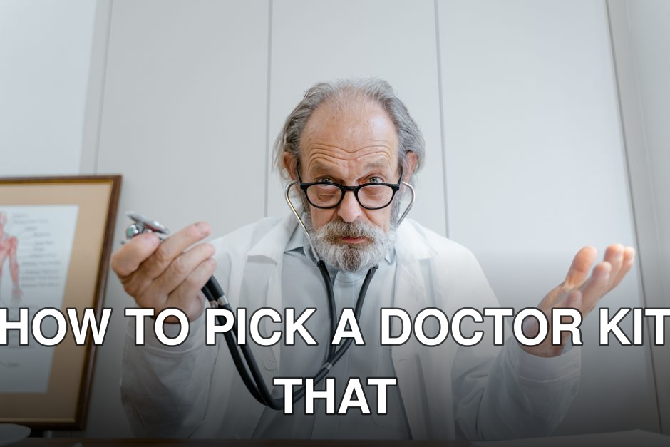 Senior doctor gesturing with stethoscope in a clinical setting, emphasizing telemedicine.
