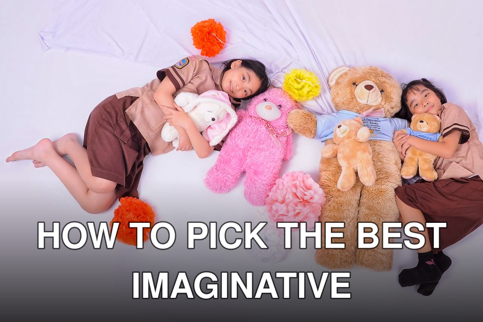 Two young girls in uniforms lying on a white background with teddy bears and flowers.