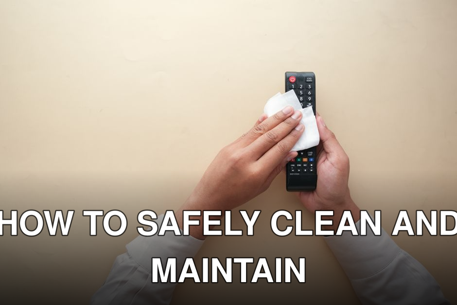 Hands cleaning a TV remote control with a cloth on a beige background for hygiene and cleanliness.