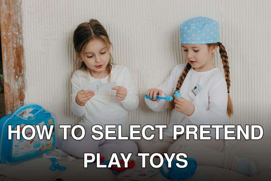 Two young girls playing dentist with toy kit indoors, promoting imaginative play.