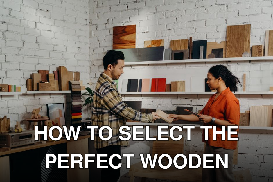 Man and woman selecting wooden samples in a chic, modern store.