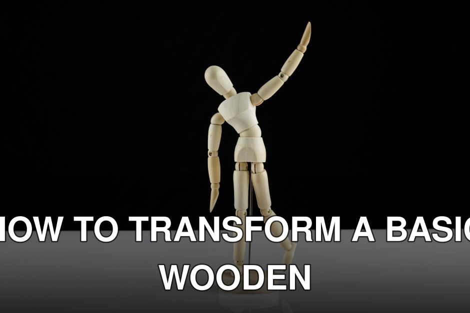 Creative shot of a wooden mannequin posing dynamically against a dark backdrop.