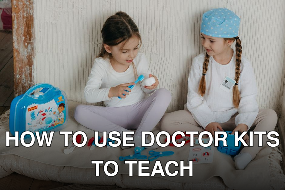 Two young girls playing doctor with a toy medical kit indoors, fostering creativity and imagination.