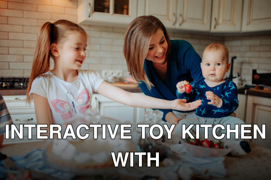 Children with mother in casual outfit standing near counter with strawberry and desserts with cream in bright kitchen near cabinets