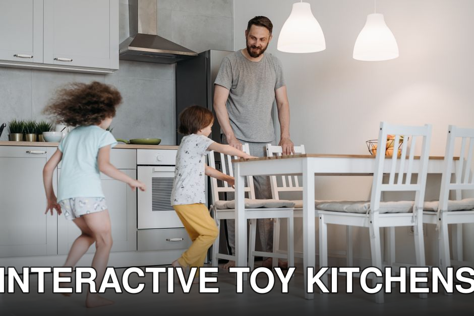 Father and kids playing joyfully in a spacious, bright kitchen.