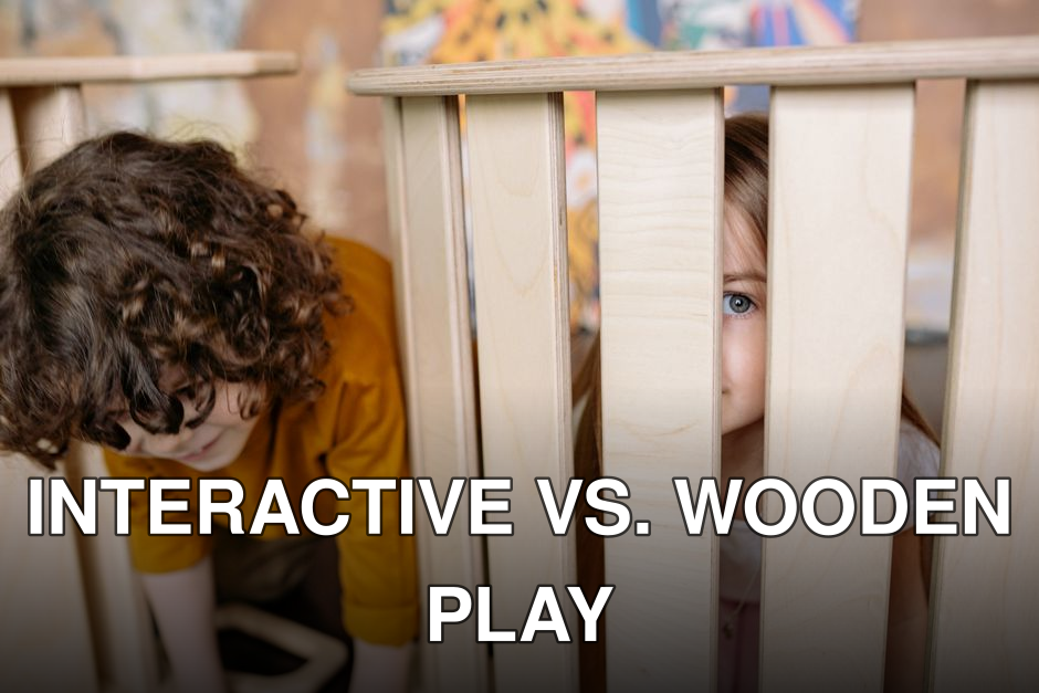 Two children playing hide and seek inside, peeking through wooden furniture.